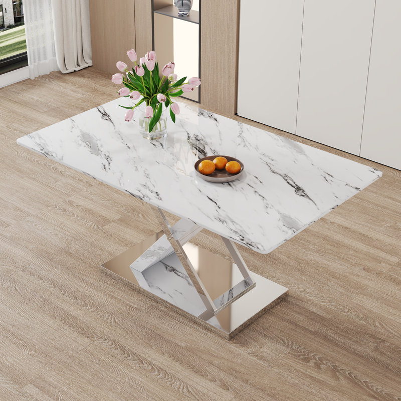 Table de salle à manger Altair pour 4-6 personnes avec plateau en verre trempé et pieds en acier inoxydable en forme de X
