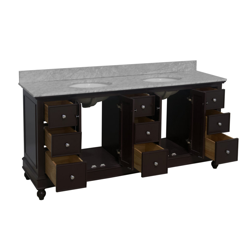 Ensemble de meuble-lavabo double 72 po Ferdinand, Chocolat, Marbre de Carrare