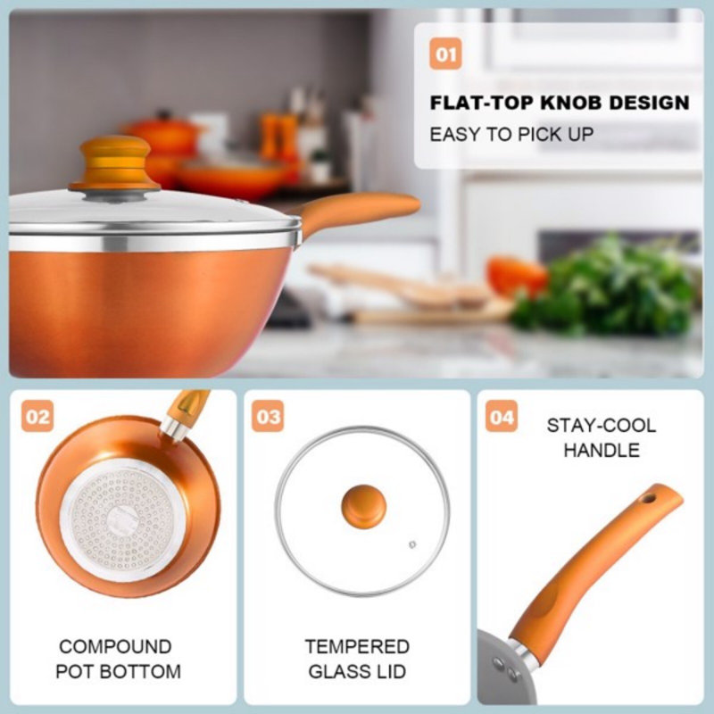 Ensemble d'ustensiles de cuisine pour la cuisine, ensemble de casseroles et poêles antiadhésives 6 pièces, wok, soupe, pot à lait orange