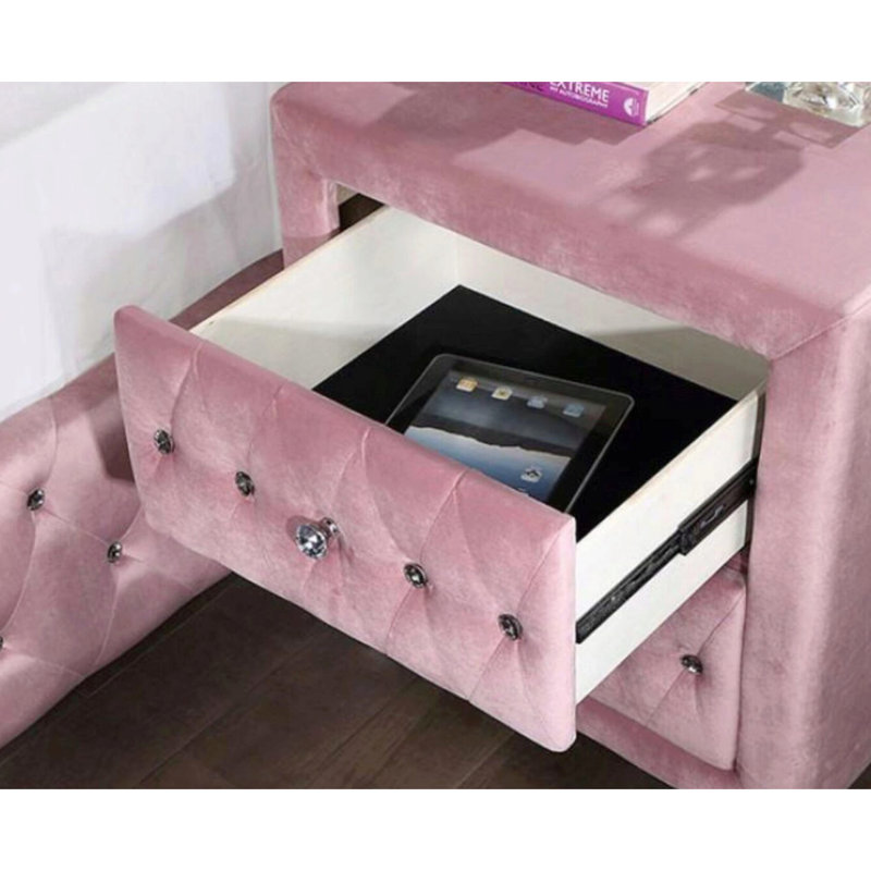 2 Table de chevet rose pour chambre à coucher avec détails en acrylique et base en bois massif Design moderne de style velours