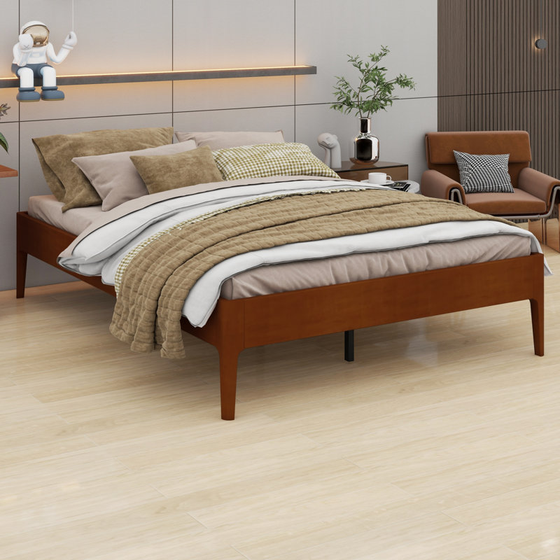 Modern Wood Platform Bed Frame with Wood Slats & Reliable Metal Support, Brown
