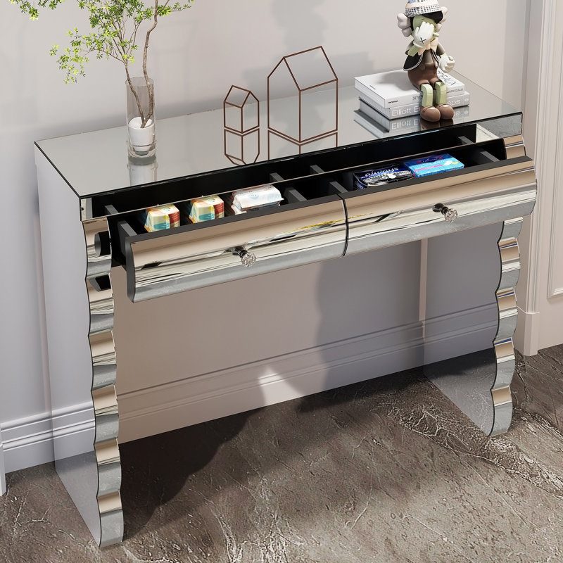 Console à miroir, coiffeuse argentée pour miroir incurvé cuit au four avec 2 tiroirs, table d'appoint décorative en miroir convenant au couloir et au salon, coiffeuse à miroir
