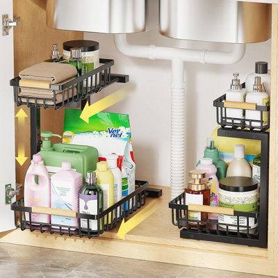2-Tier Pull-Out Under Sink Organizer With Adjustable Height, Metal Frame, And Smooth Sliding Baskets For Kitchen And Bathroom Storage