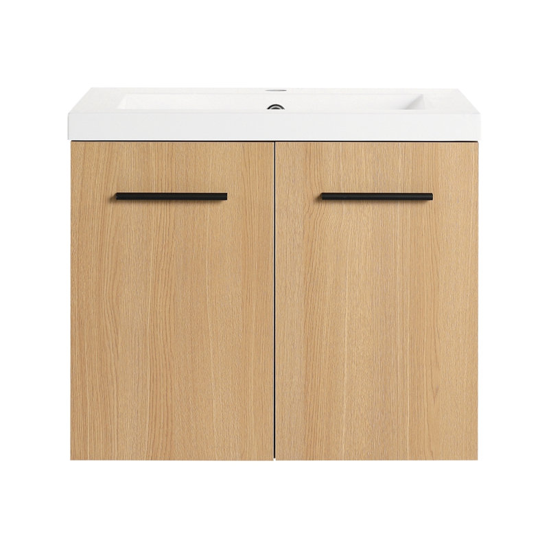 Meuble-lavabo flottant 24 po avec lavabo, armoire en contreplaqué de chêne clair, rangement à double porte mural, avec comptoir en résine (ensemble de 2 pièces)
