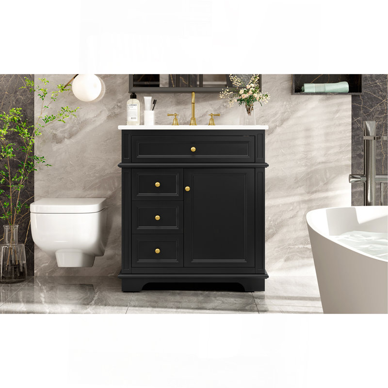 Meuble-lavabo de 30 po avec lavabo, un tiroir basculant, trois tiroirs, tablette de porte, porte à fermeture douce, noir