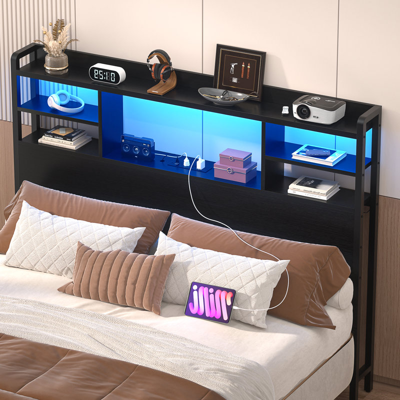 Storage Headboard with LED Lights, Bookcase Headboard with Charging Station, Twin, Black