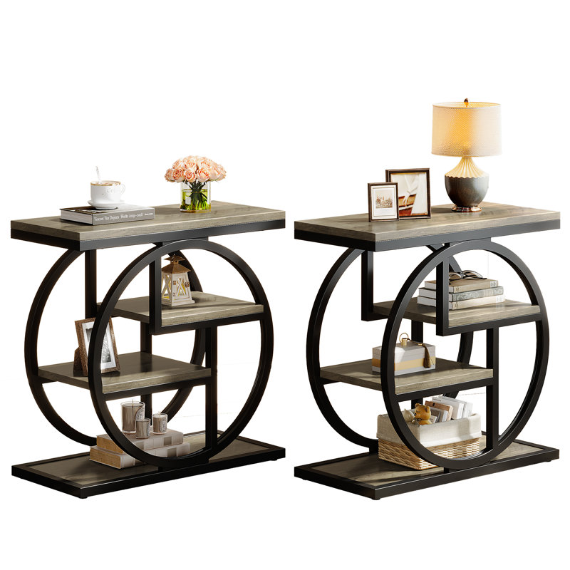 Table de bout à 4 niveaux en bois et métal (ensemble de 2), Grey Top/Black Base