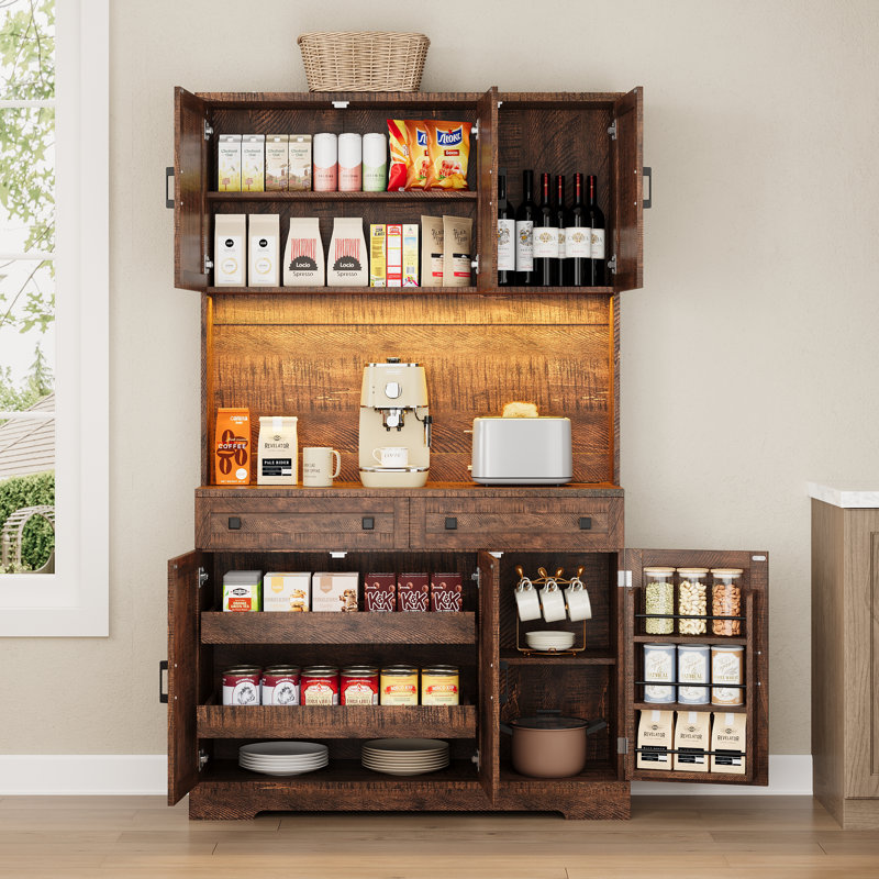 Garde-manger intégré de 70,8 po avec station de charge, tablette à micro-ondes et éclairage DEL, Brun