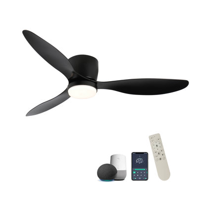 52" Smart Flush Mount Black Ceiling Fans With Lights, Modern Silent DC Motor Low Profile Dimmable Ceiling Fan With WIFI Alexa App For Bedroom