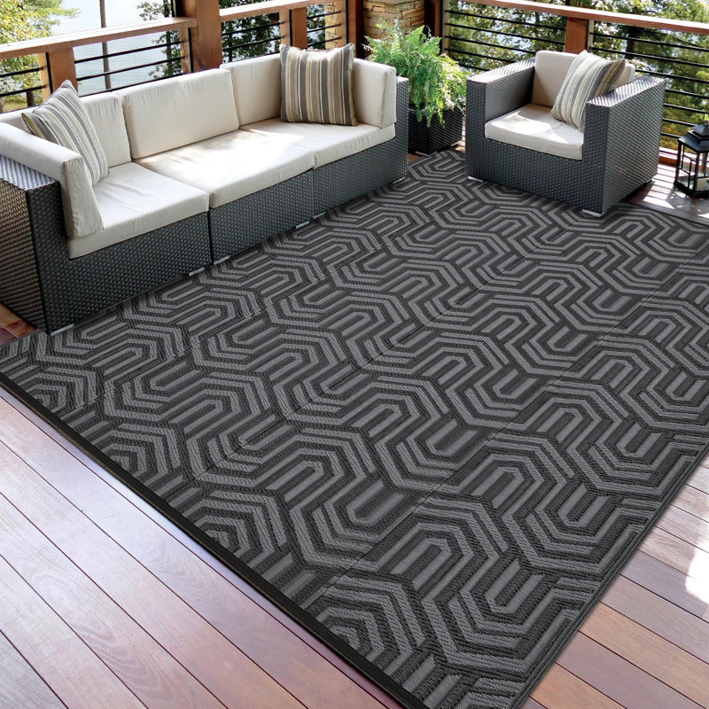 Tapis imperméable et réversible pour terrasse pour camping-car, Black, Rectangle 10' x 14'