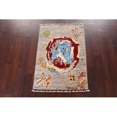 Tapis gris en laine noué à la main de conception unique 2 pi 9 po x 3 pi 11 po Lilyana