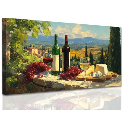 GUTTATY Wine Wall Art Rustic Vineyard Prints, Country Wine Canvas Wall Decor, Serene Italian Terrace Winery Picture, Vintage Cheese & Grapes Painting Artwork for Kitchen Dining Room Bar, 30x60 inches