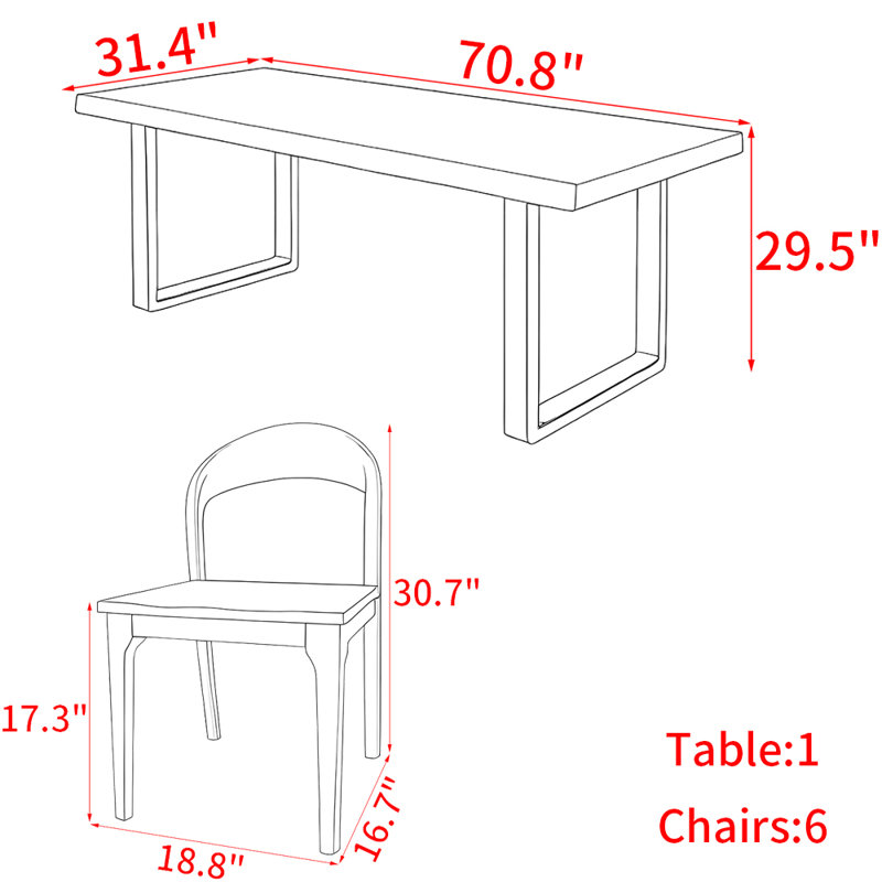 Ensemble de table à manger moderne et simple en bois massif., H 29,5 po x L 70,8 po x l 31,4 po