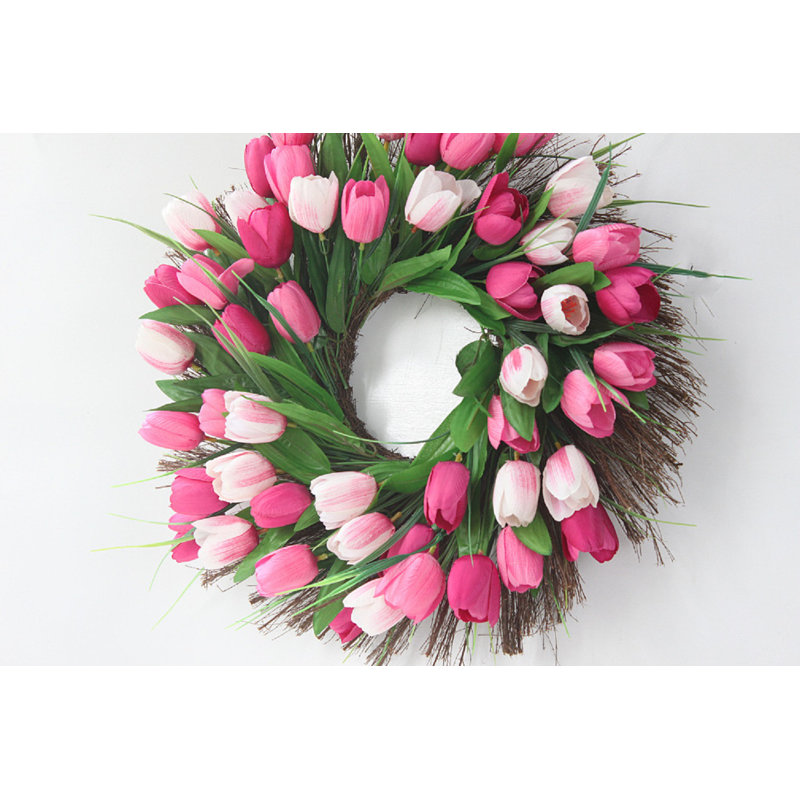 Couronne de tulipe artificielle 18 po toute l'année, Rose