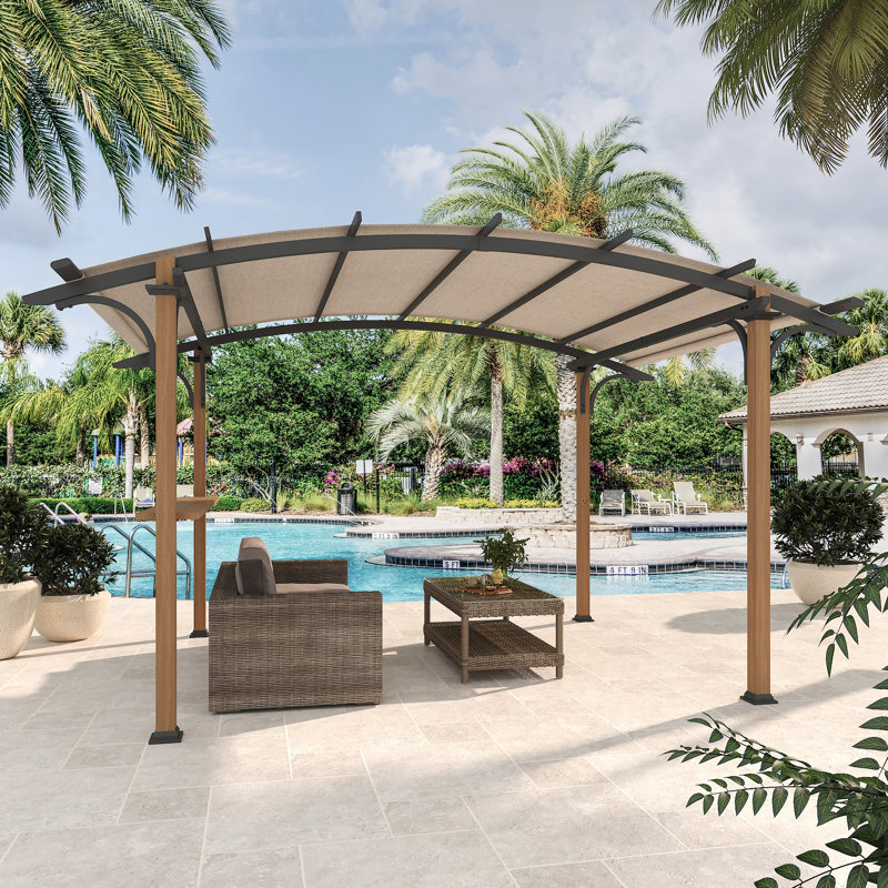 Pergola d'extérieur robuste 8,5 pi x 13 pi avec comptoir de bar et tablettes, pavillon en textilène arqué, poteaux en acier à grain de bois pour patio et cour arrière