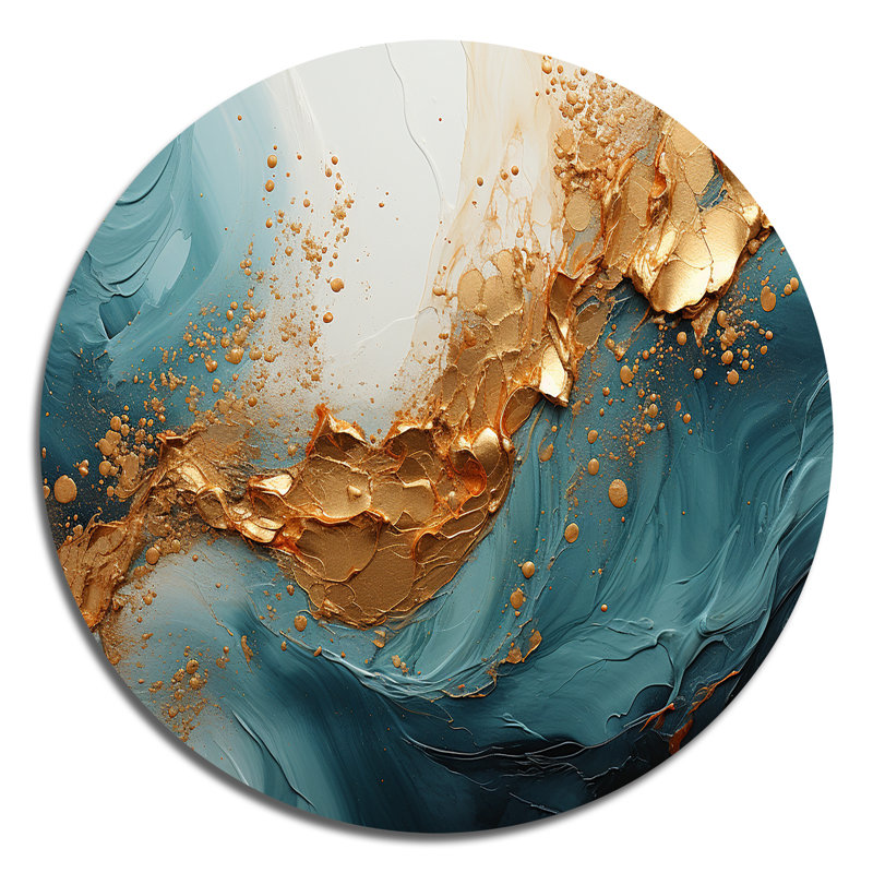 Or bleu sarcelle spirale océanique - Art abstrait rond en métal, H 23 po x l 23 po