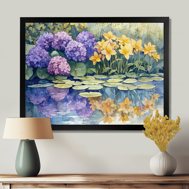 Imagen hortensias et lys au bord du lac III - hydrangées, décoration murale, Reproduction encadrée d'une seule photo