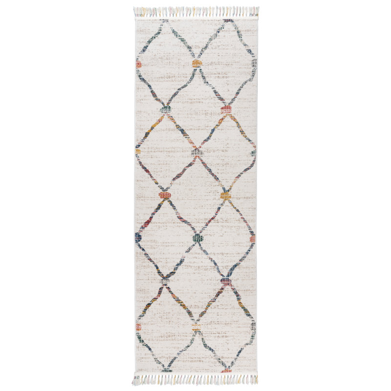 Amiens Dieppe Ivory Multi-Color Moroccan Bohemian Easy Care Indoor Area Rug with Short Fringe, Rectangle 2'5" x 8'