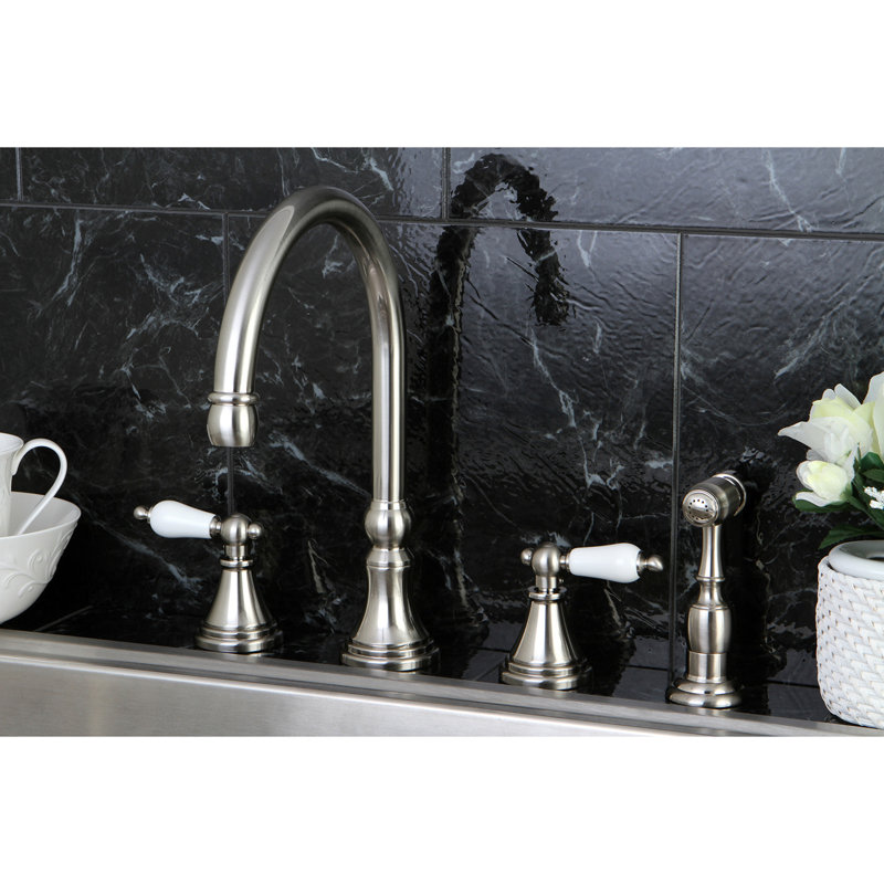 Kingston Brass Governor Double-Handle 4-Hole Widespread Kitchen Faucet with Brass Sprayer, Brushed Nickel