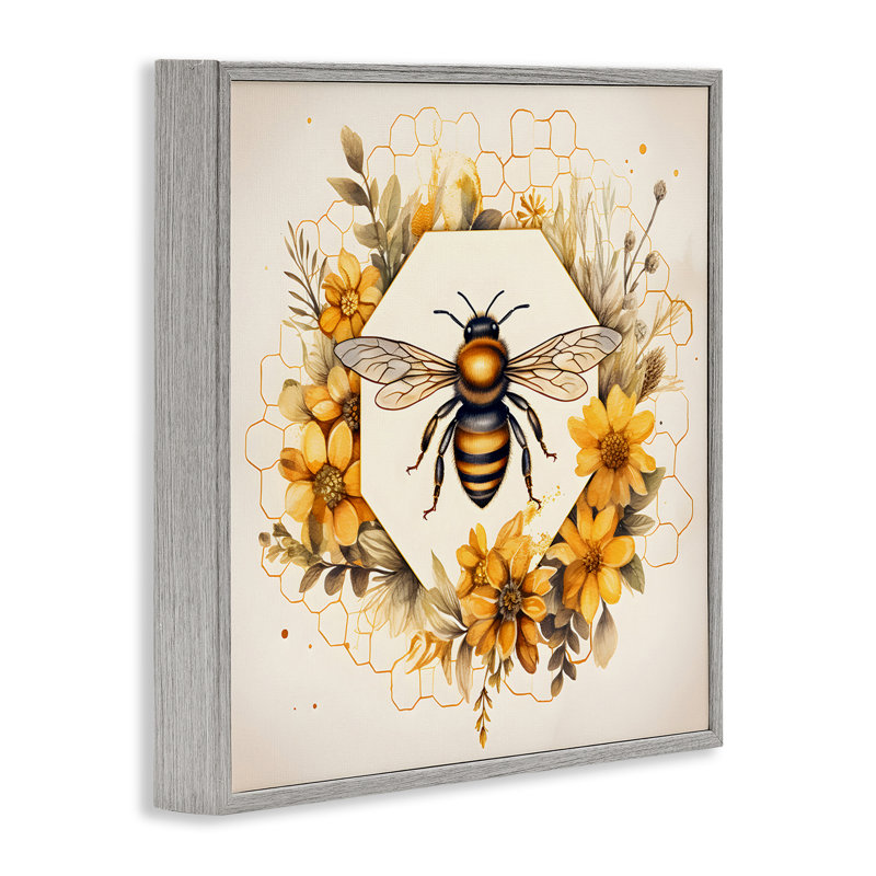 «Hexagon Bee Wreath», art de la giclée encadrée par Petal Prints Design, H 12 po x l 12 po, Estampe numérique Farmhouse