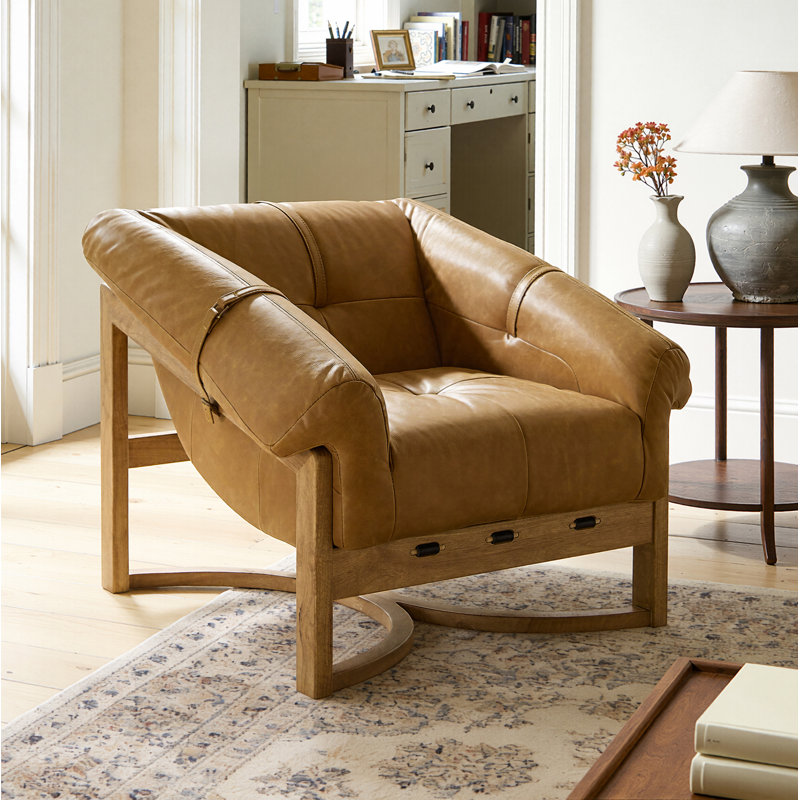 Rod 33.5'' W Tufted Top-Grain Leather Accent Leisure Lounge Armchair with Ash Wood Base, Cognac Genuine Leather, Natural Wood