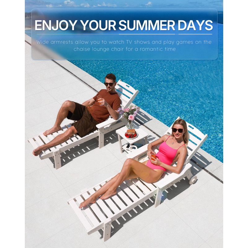 Chaise Lounge Chair Outdoor with Wheels, Oversize Patio Lounge Chairs with Wood Texture, 6-Position Plastic Lounge Chairs for Poolside, Patio, Deck, Beach