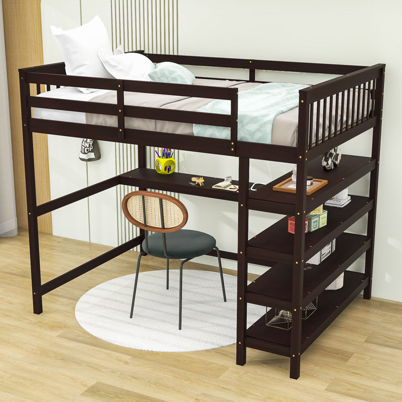 Lit mezzanine en bois avec tablettes de rangement et bureau, null, null