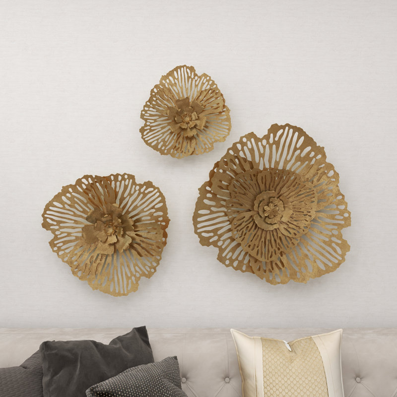 Gold Metal Floral Large 3D Home Wall Decor with Cutouts, Set of 3 29", 24", 18"H