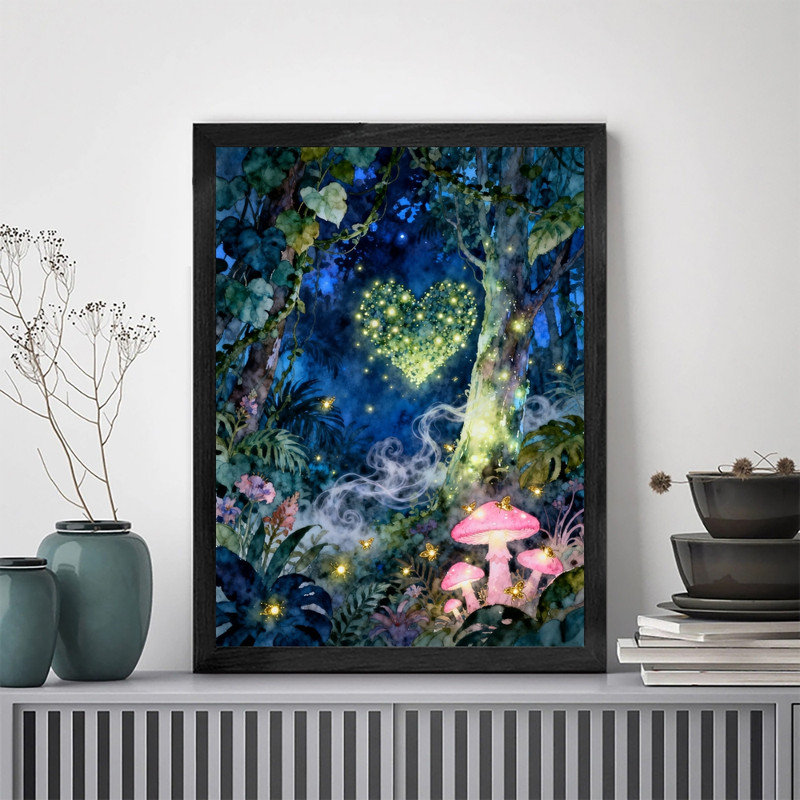 Art mural encadré noir forêt de lucioles fantaisiste, aquarelle bohème cadre magique, H 37 po x l 25 po