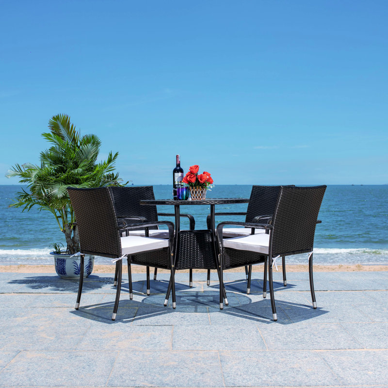 Laina Black Wicker 4-Person Outdoor Dining Set with White Cushions