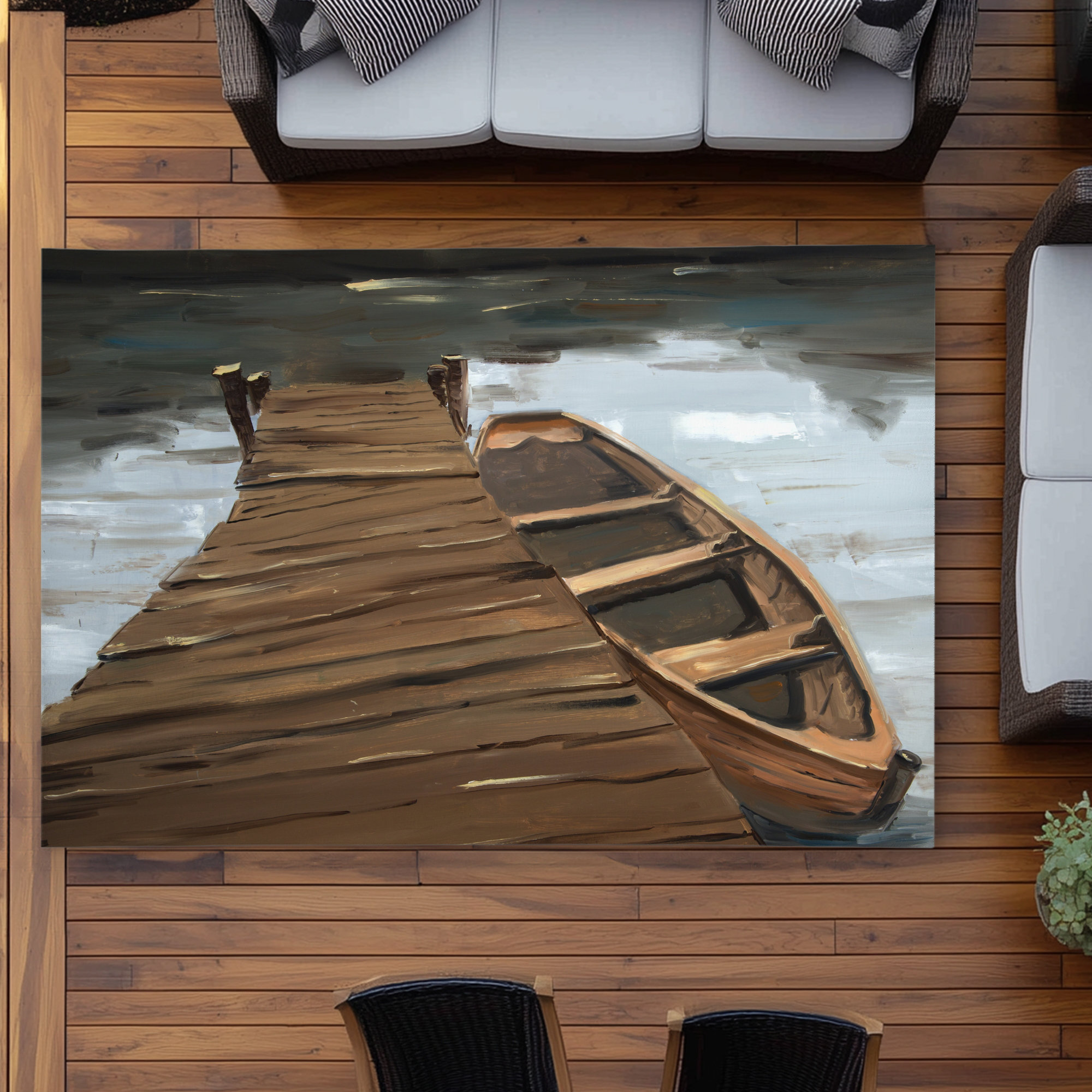 East Urban Home Lake, dock and boat - Office Brown outdoor area rug for ...