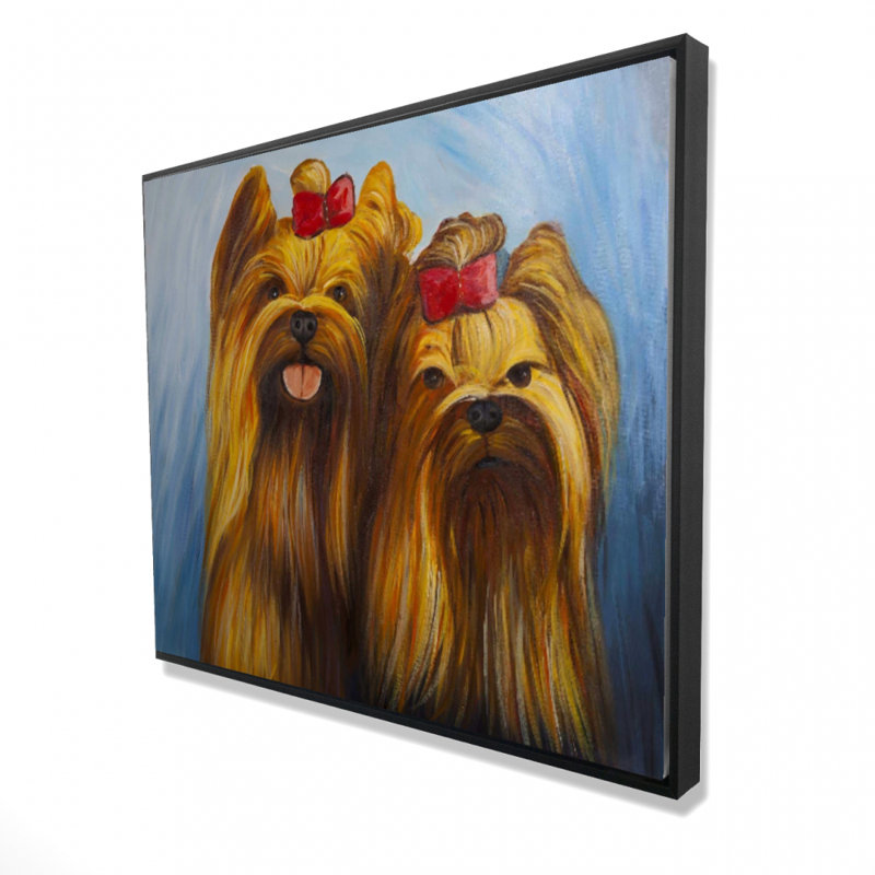 Deux chiens souriants avec nœud papillon - Art sur toile encadrée bleue, H 61,25 po x l 49,25 po