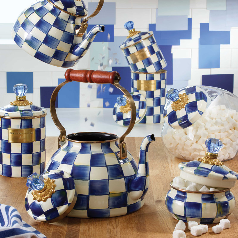 Royal Blue Check Enamel Squashed Pot with Glass Knob, 20 oz