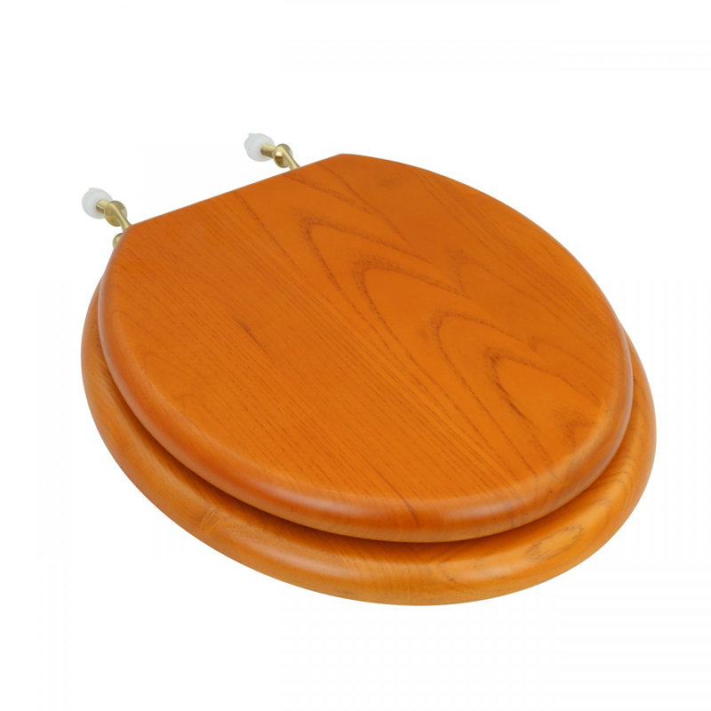 Round Toilet Seat and Lid, Golden Oak, Brass