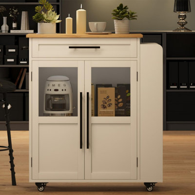 Kitchen Island Cart with Storage, Mobile Rolling Island with Glass Cabinet Doors & Spice Rack, Retro Style Dining Room Furniture by Ophelia & Co.