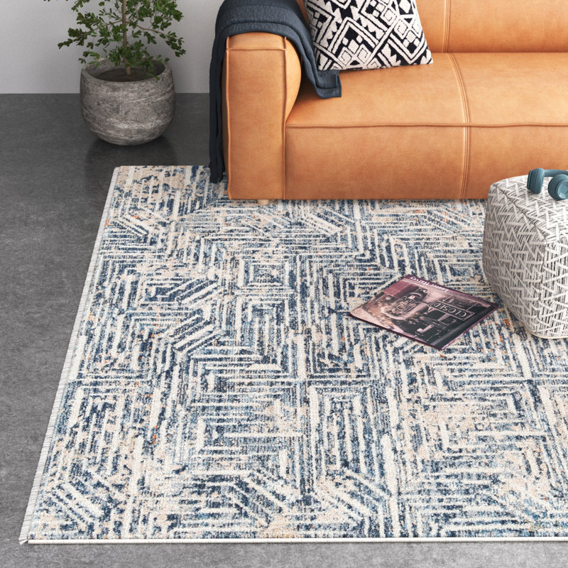 Levinson Geometric Machine Woven Navy/Beige Area Rug, Rectangle 7'10" x 10'