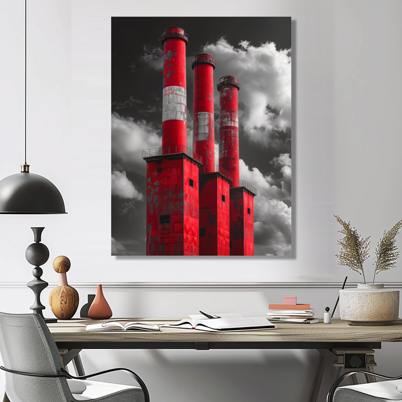 Monochromes rouge et gris Power Surge Power Plant I - centrales électriques, Wrapped Canvas, H 24 po x l 32 po