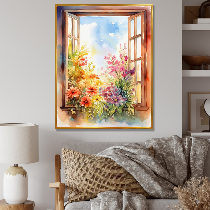Fenêtre Mayling de fleurs florales IV, H 32 po x l 16 po x P 1 po, Cadre flottant doré