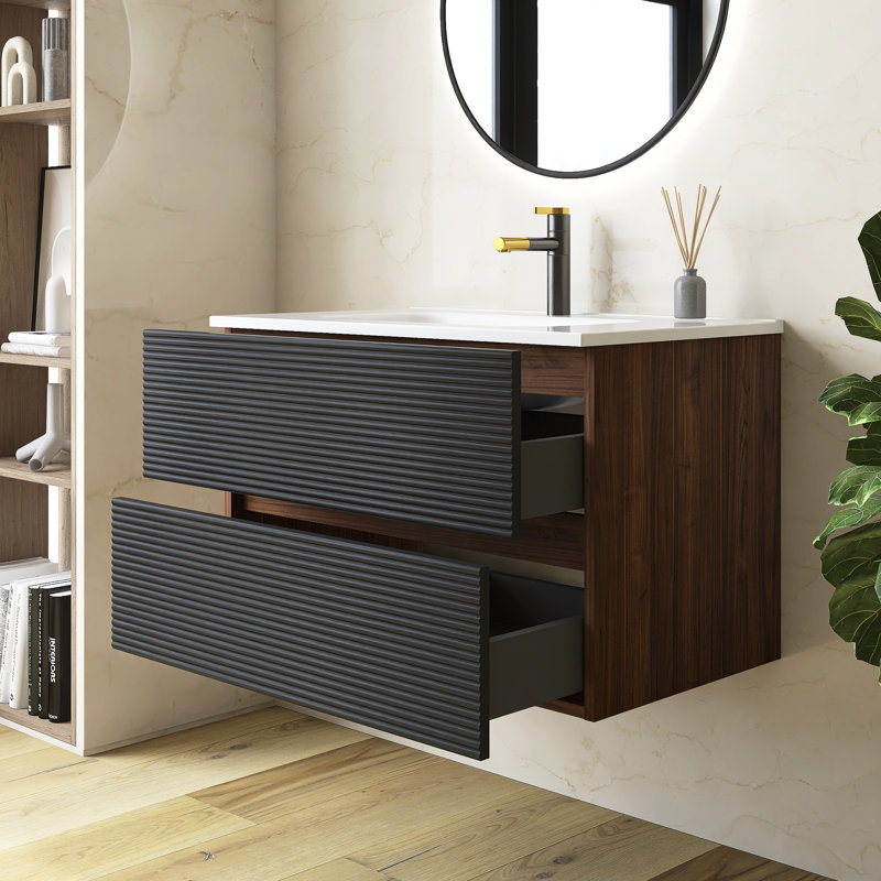 Meuble-lavabo flottant 30 po noir et noyer, lavabo intégré en céramique avec trop-plein et 3 trous de robinet, rangement spacieux pour les salles de bain modernes