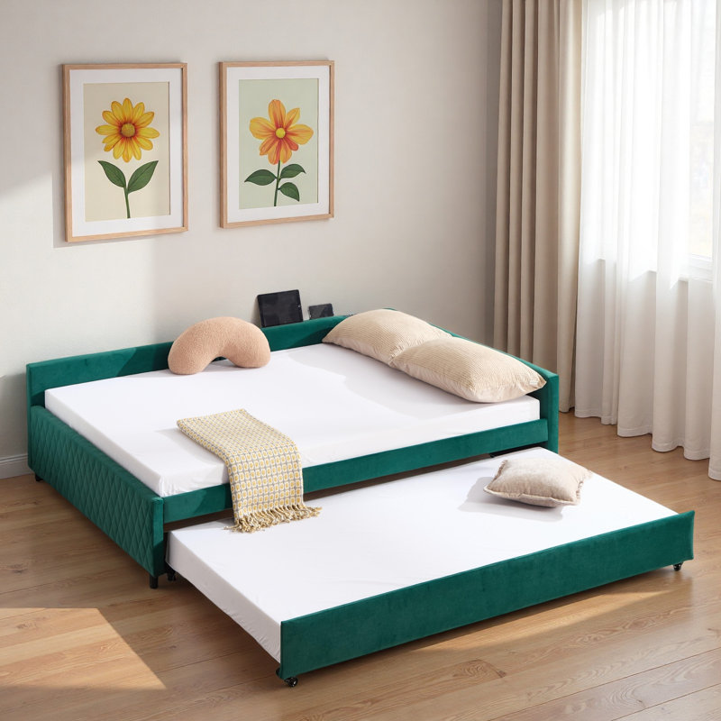 Upholstered Daybed With Trundle And Usb, Emerald