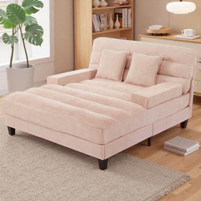 57.1" Modern Chaise Lounge 2-Seater Sofa Adjustable 6-Position Chenille Sofa Bed with LED Light Strip & 2 Pillows, 660 lb Capacity for Living Room
