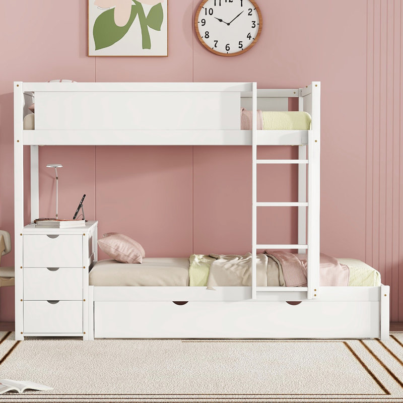 Lit superposé Twintwin avec bureau de rangement, lit gigogne simple et prises de courant, blanc - chambre à coucher moderne indispensable pour les familles