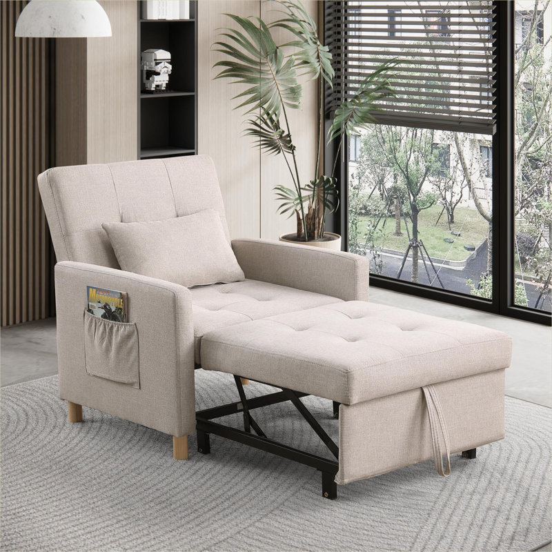 Fauteuil-lit convertible compact à siège simple, fauteuil réglable en tissu beige doux pour les petits espaces