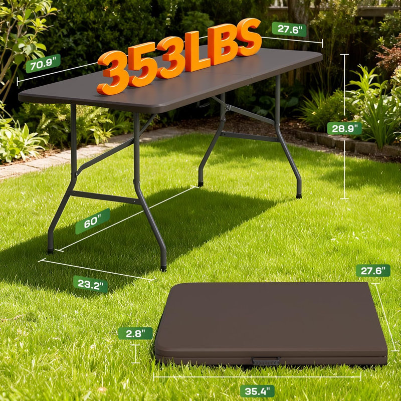 Table de pique-nique portative en plastique pliable de 72 pouces avec pieds en acier thermolaqué et poignée de transport