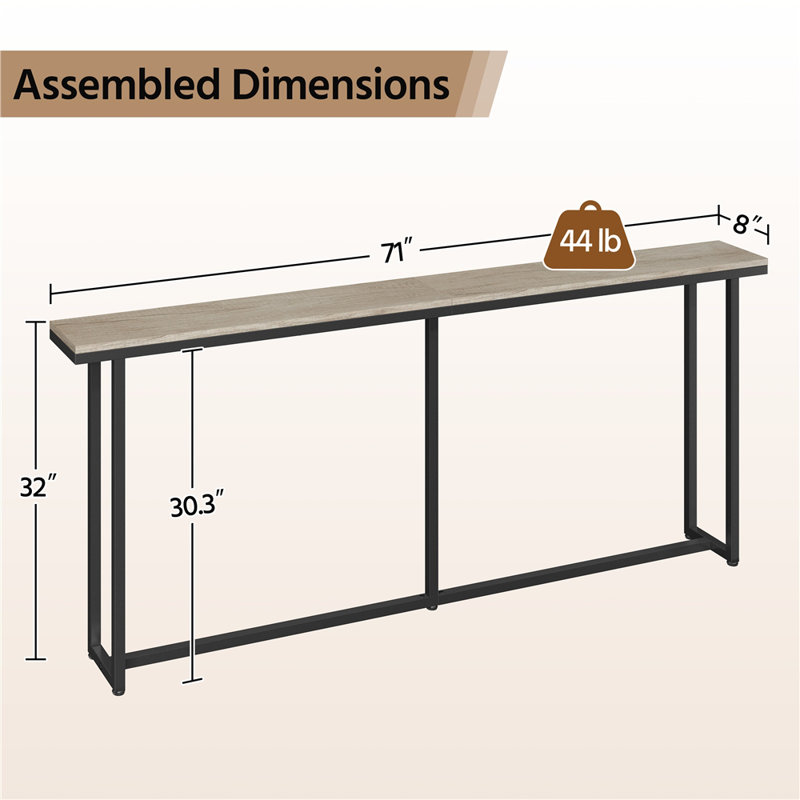 Console moderne à rallonge pour hall d'entrée, H 32 po x l 71 po x P 8 po, Gris