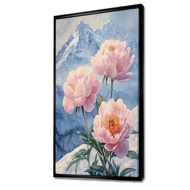Pivoines par les sommets enneigés I - pivoines, art mural, H 60 po x l 28 po, Reproduction avec cadre flottant, Noir