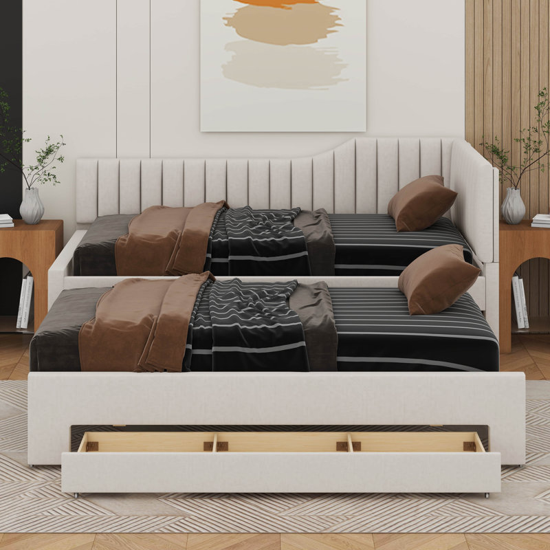 Upholstered Daybed With Trundle And Drawers, Beige, Twin
