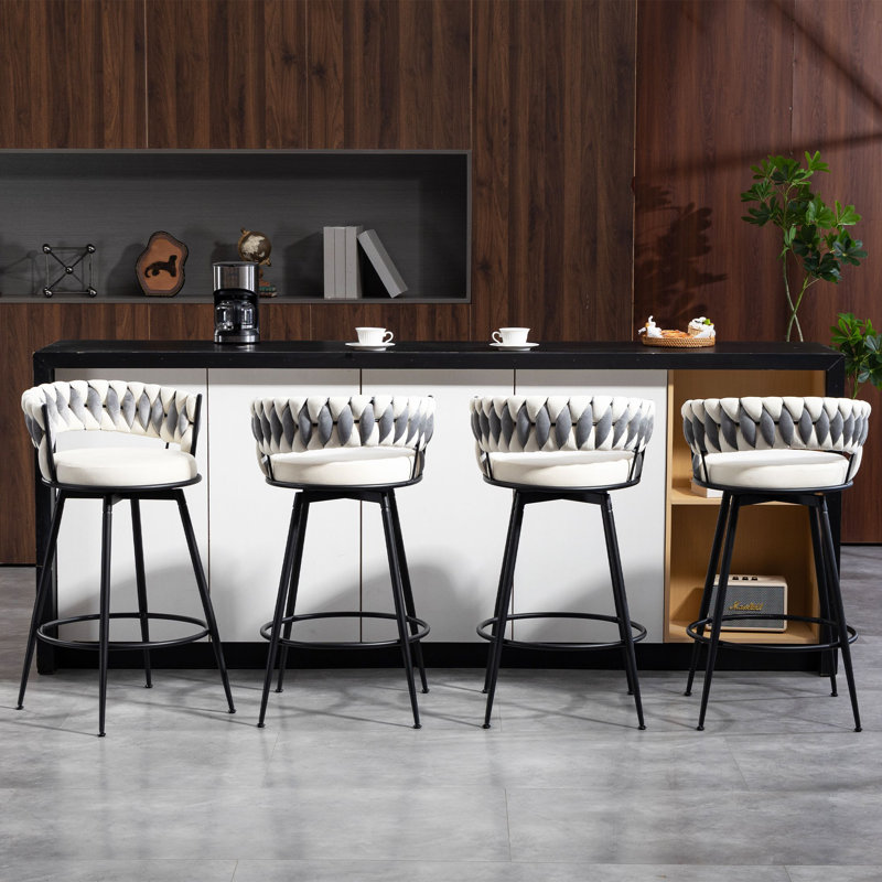 24" Counter Height Bar Stools Set of 4 - 360° Swivel with Suede Fabric & Modern Woven Design, Backrest & Footrest for Kitchen Cafe Pub