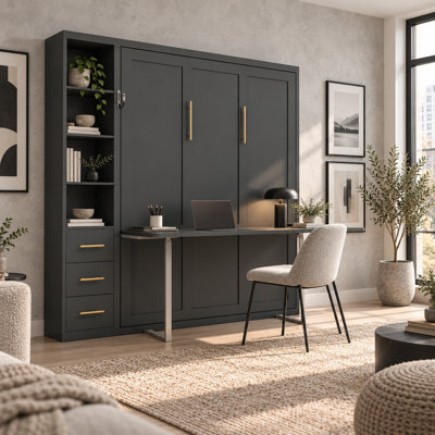 Grand lit escamotable vertical Murqella avec bureau intégré et armoire de rangement latérale réversible, lit rabattable, 26 lattes en bois massif multicouches, structure en métal, assistance hydraulique à deux niveaux