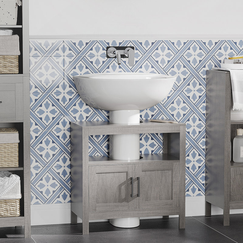 Armoire de rangement à piédestal, armoire de salle de bain sous le lavabo avec portes et tablette ouverte, meuble-lavabo